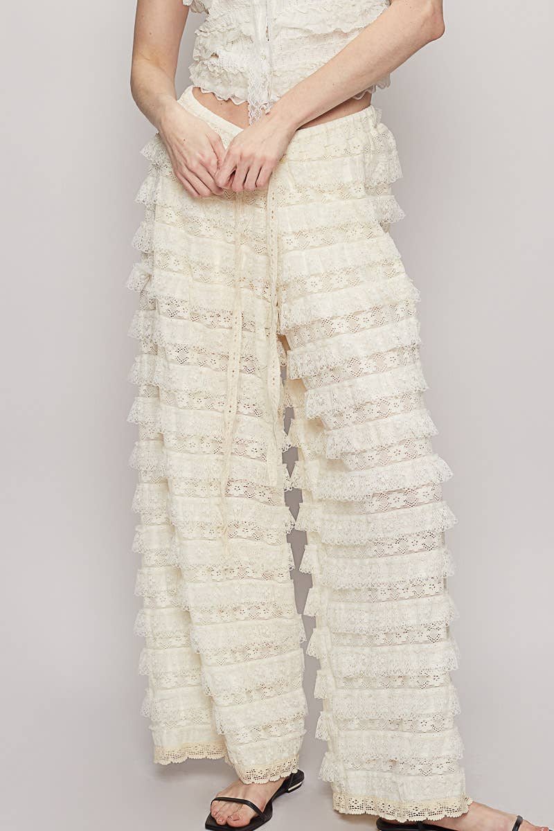 Solid lace trim detail woven wide pants